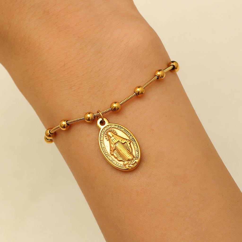 Ladies Virgin Mary is Cross Oval Stainless Steel Pendant, Bead Chain Ladies Bracelet Wholesale