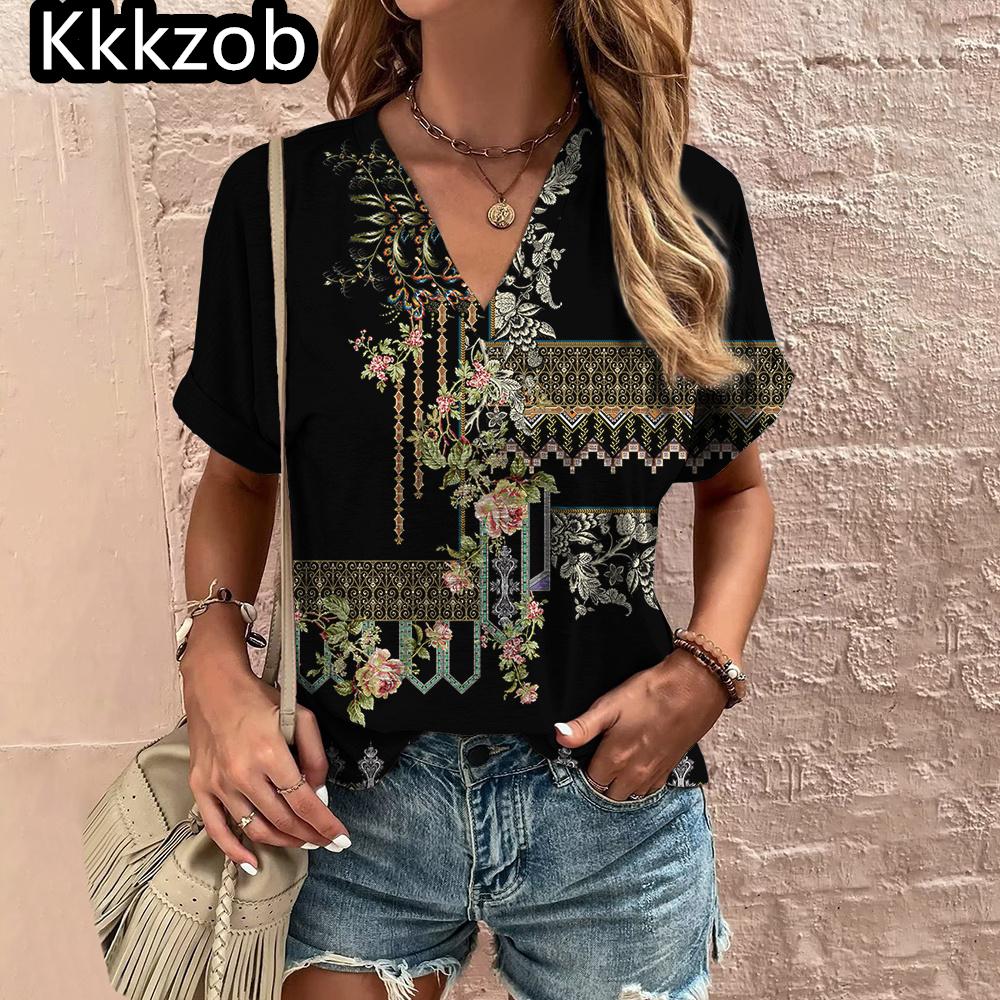 V-neck printed T-shirt floral shirt summer casual blouse fashion ladies clothing