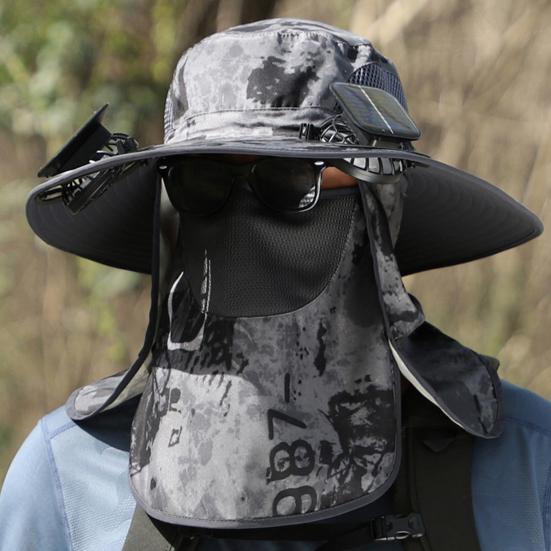 Pălărie solară cu ventilator cu clapă pentru gât Protecție facială cu boruri largi, protecție UV, ventilator de răcire, pălărie de pescuit, reîncărcabilă, pliabilă, pentru bărbați, în aer liber, pentru drumeții, pălărie de soare.