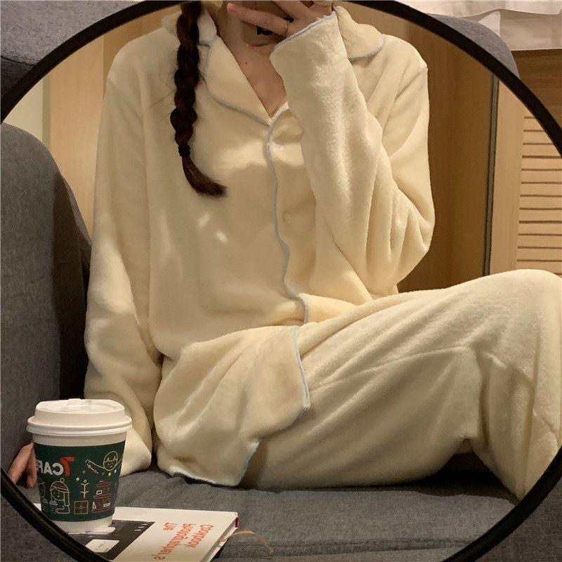 Women's Pajamas Sets Casual Autumn Winter Sleepwear Velvet Pyjama Ladies Cardigan Simple Bedroom Soft Warm Home Clothes