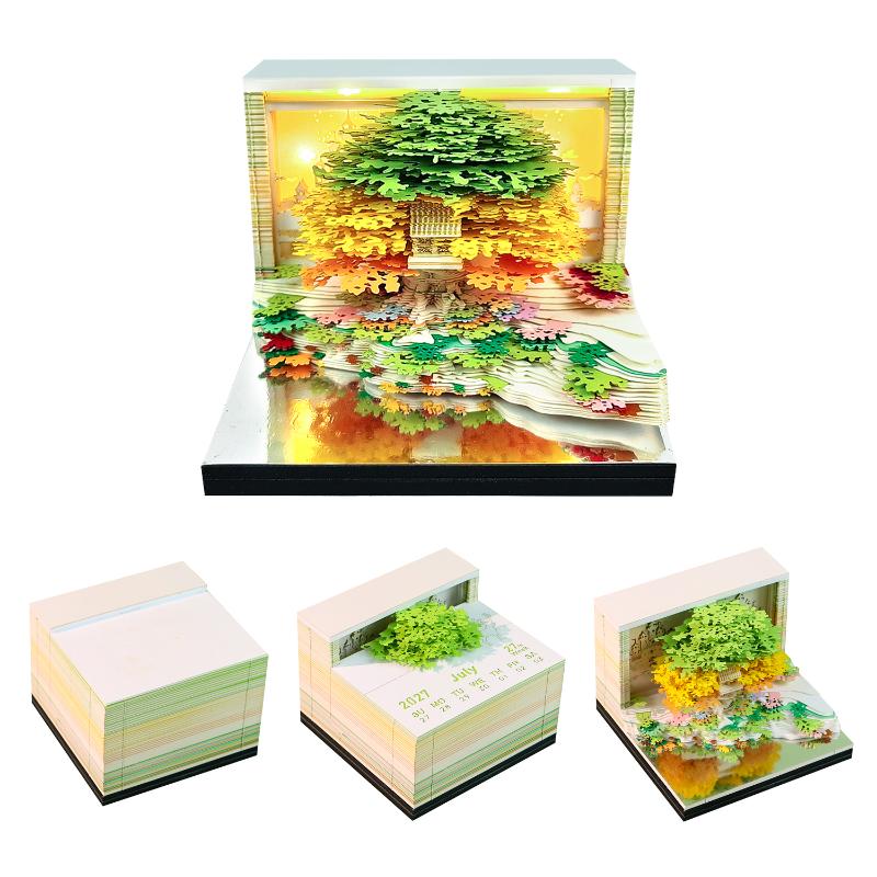 Time Piece Calendar 2027 Desk Calendar With Led Light 3D Tear-Away Calendar Paper Carving Art Memo Pad Notepad Desktop Decor