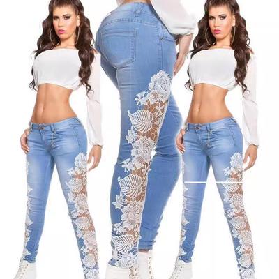 Chic Womens Lace Cutout Contrast Slim Fit Denim Jeans Elegant Stretch High Waist Skinny Trousers Trendy Casual Wear