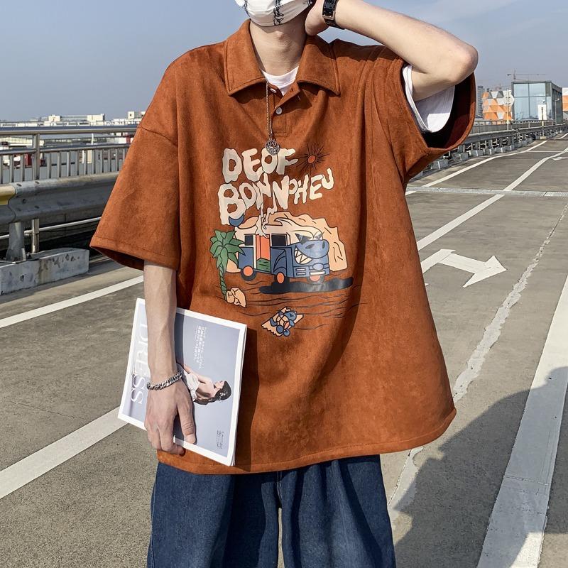 

Men Cartoon Van Graphic Print Suede Polo Shirt Oversized Casual Loose Streetwear Summer Top 3XL