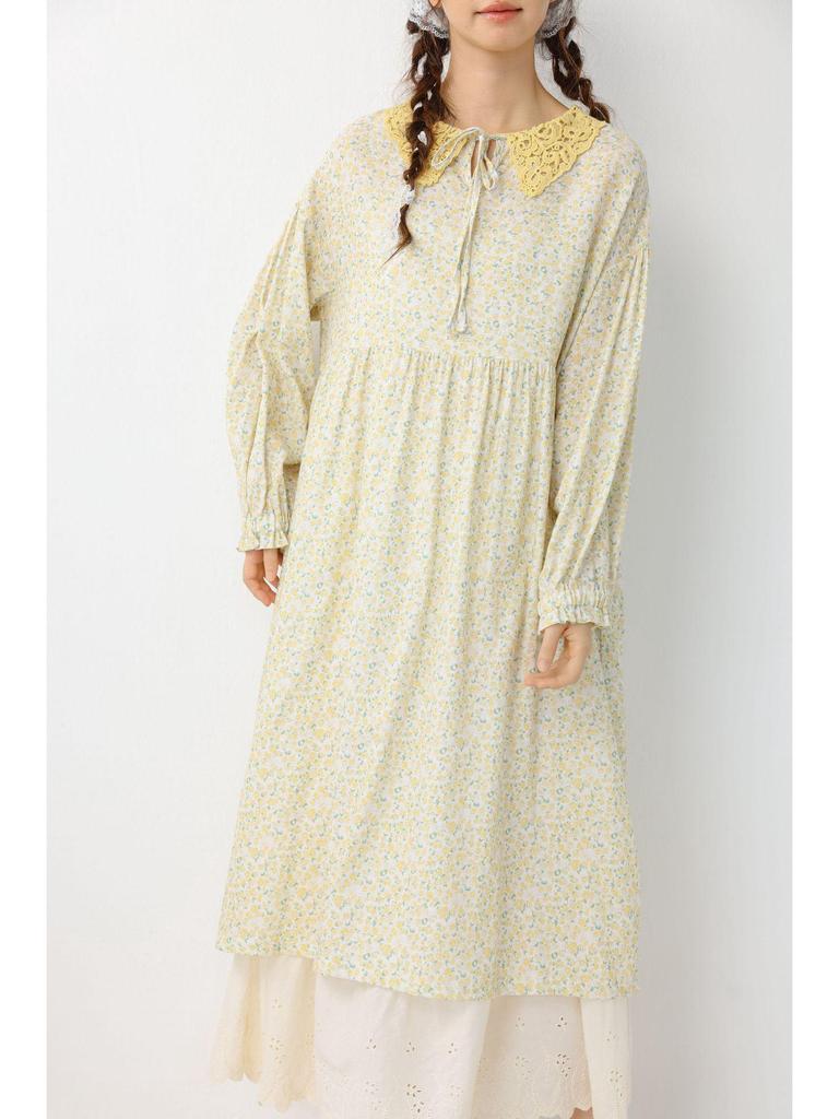 Women's Floral Print Lace-up Doll Collar Cotton Linen Long Sleeve Loose Plus Size Spring Dress