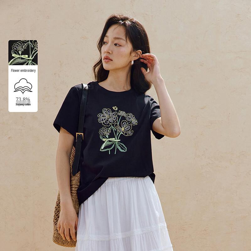 INMAN Women s 3D Floral Embroidered Round Neck T-Shirt XL