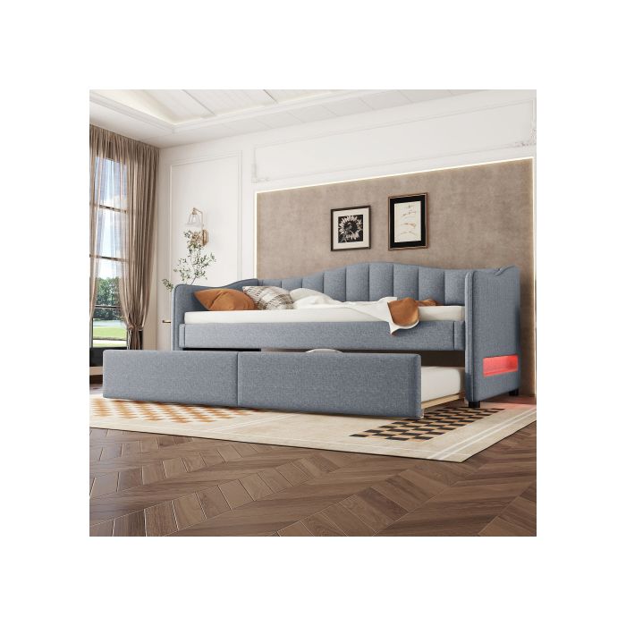 Lit de jour - Design - 90x200 cm - Lin - Éclairage LED - Minimaliste gris
