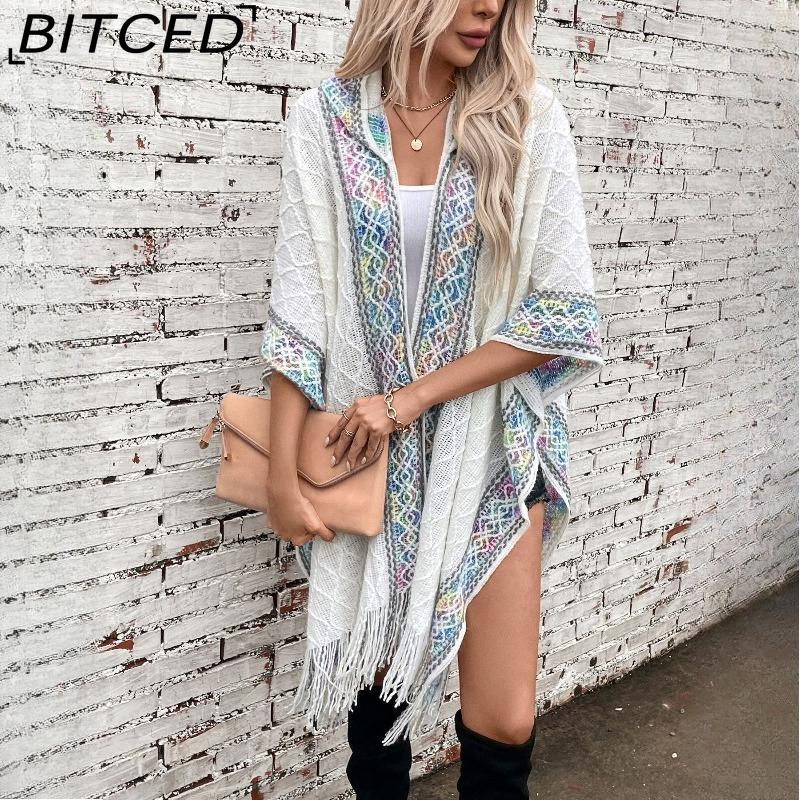 BITCED Fall/Winter Ethnic-Style Knit Hooded Fringe Cape Sweater Shawl Women's Outerwear