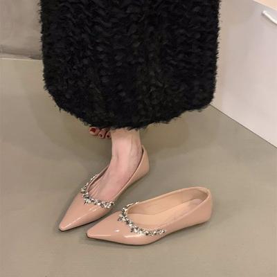 Escarpins roses nude à strass à talons bas chaussures pour femmes nouveau tempérament chaussures de ville noires pointues