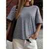 T-shirt da donna a righe marroni e blu, girocollo, spalle scese, maniche corte, oversize