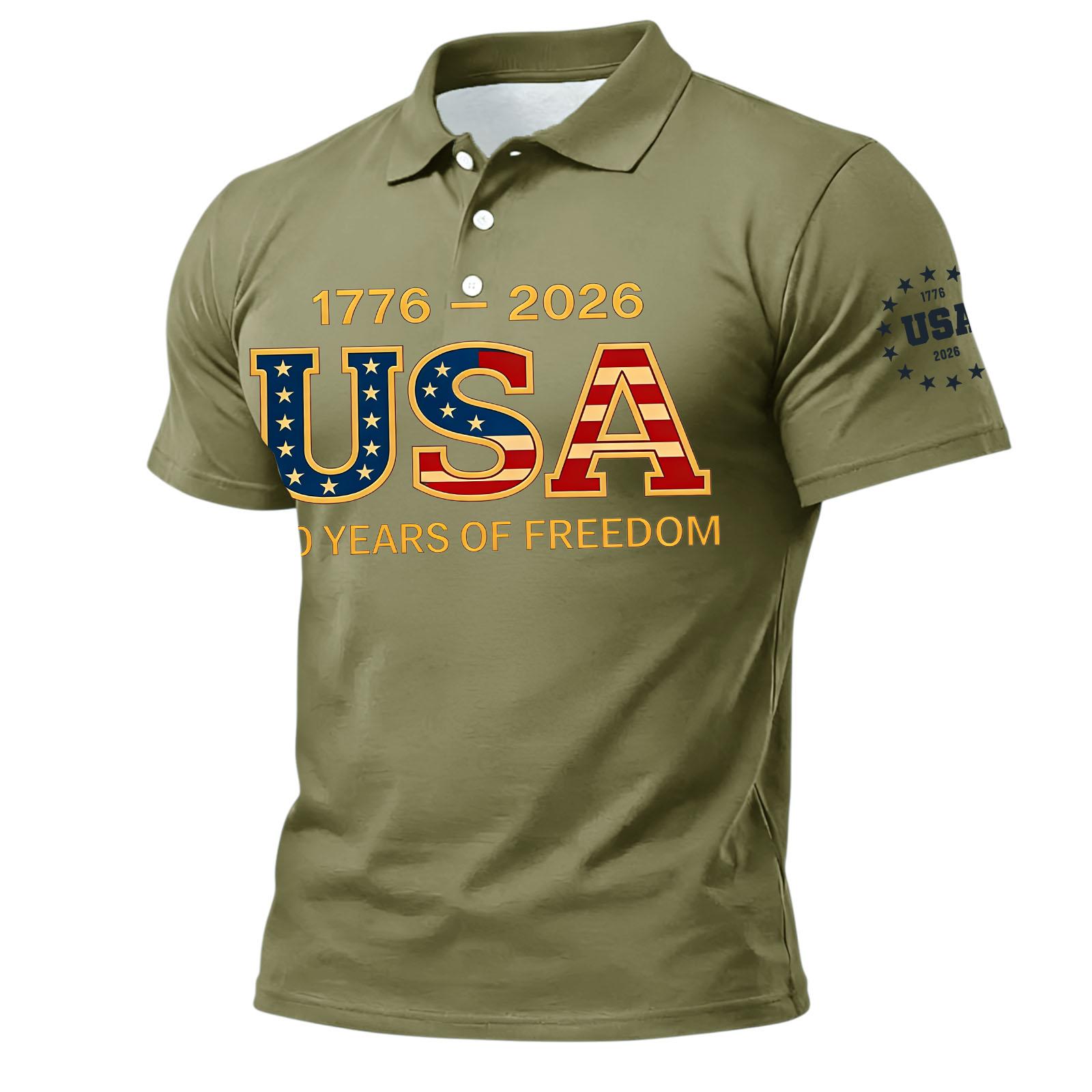 

Men s Casual Gradient Polo Shirt Short Sleeve USA 250 Years of Letter Print Classic Fit Button Down Top L армия зеленый