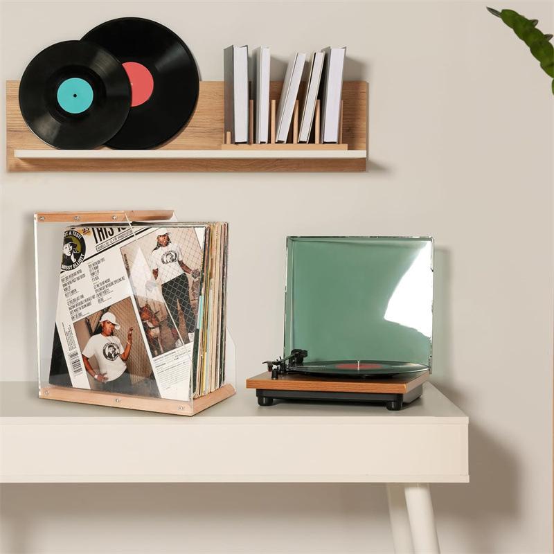 Wooden Record Rack Desktop Ornament Transparent Vinyl Record Display Rack Cassette Book Storage Box Solid Wood Organizer