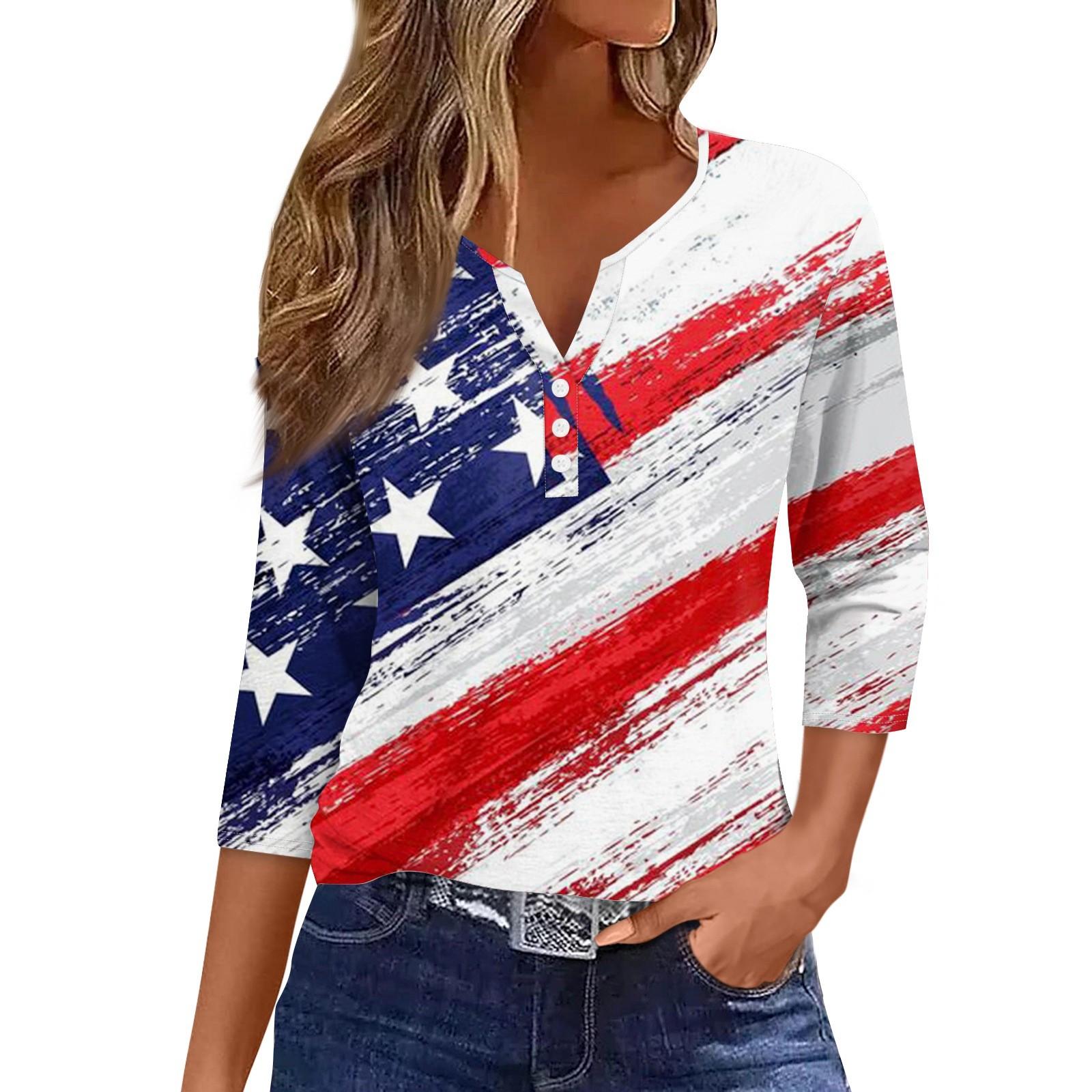 

Женская модная повседневная футболка с v-образным вырезом и семью рукавами, топ на пуговицах с принтом ко Дню независимости L небесно-голубой