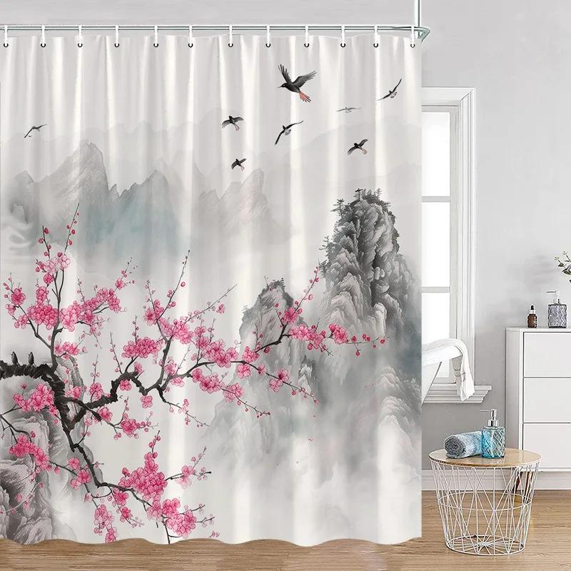Japanese Style Flowers Bird Shower Curtain Beautiful Girl Red Floral Abstract Mountain Ink Art Landscape Decor Bathroom Curtains