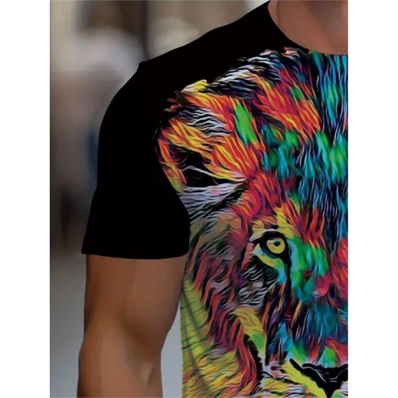 Men's Lion T-Shirt Colorful 3D Beast Animal Portrait Graphic Printed Casual Short Sleeve O-Neck Pullover Streetwear Summer Tee Tops Male Clothing