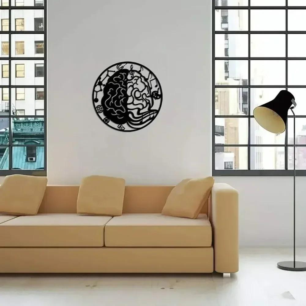 1pc Left and Right Brain Science Metal Wall Art Round 24" Black Iron Sculpture Decor Modern Home Wall Room Decoration