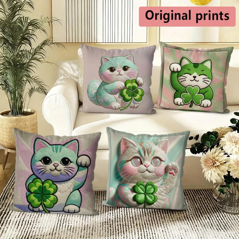 Lucky Clover Cute Cat Throw Pillow Covers Pattern Cushion Cover Suitable For Sofa Bedroom Car Pillow Cover