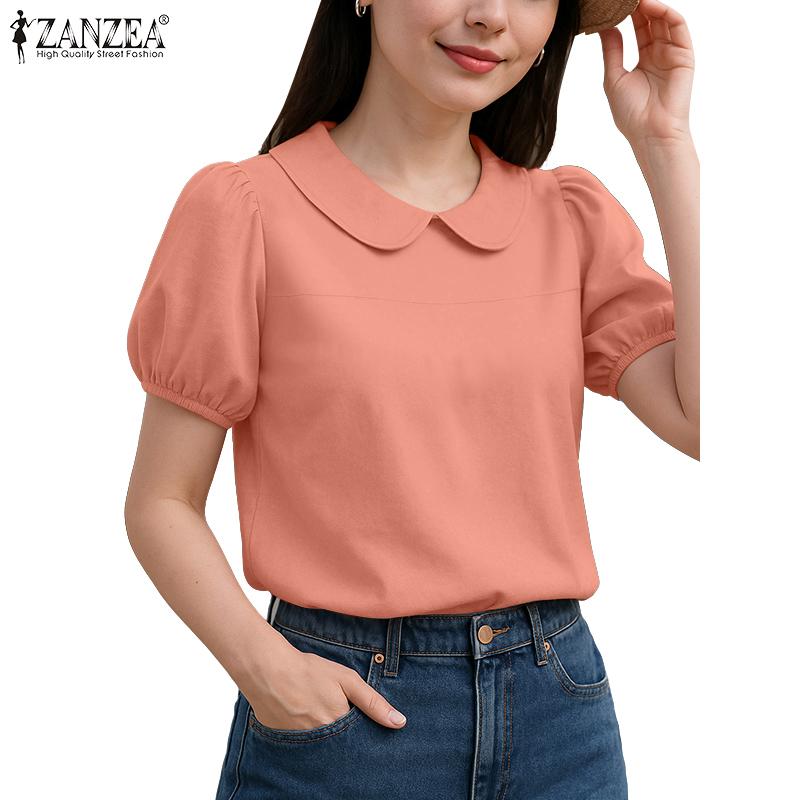 ZANZEA Women Casual Doll Collar Solid Color Short Sleeve Blouse