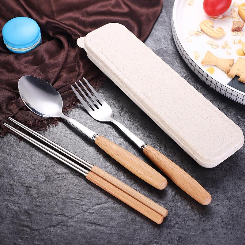 Stainless Steel Cutlery Set with Wooden Handles - Includes Chopsticks, Fork & Spoon for Students and Outdoor Travel.