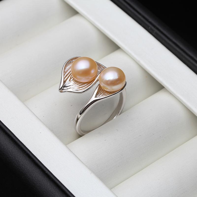Adjustable 925 Silver Double Pearl Rings For Women,Natural Freshwater Pearl Rings Drop Shipping Couple Rings Jewelry