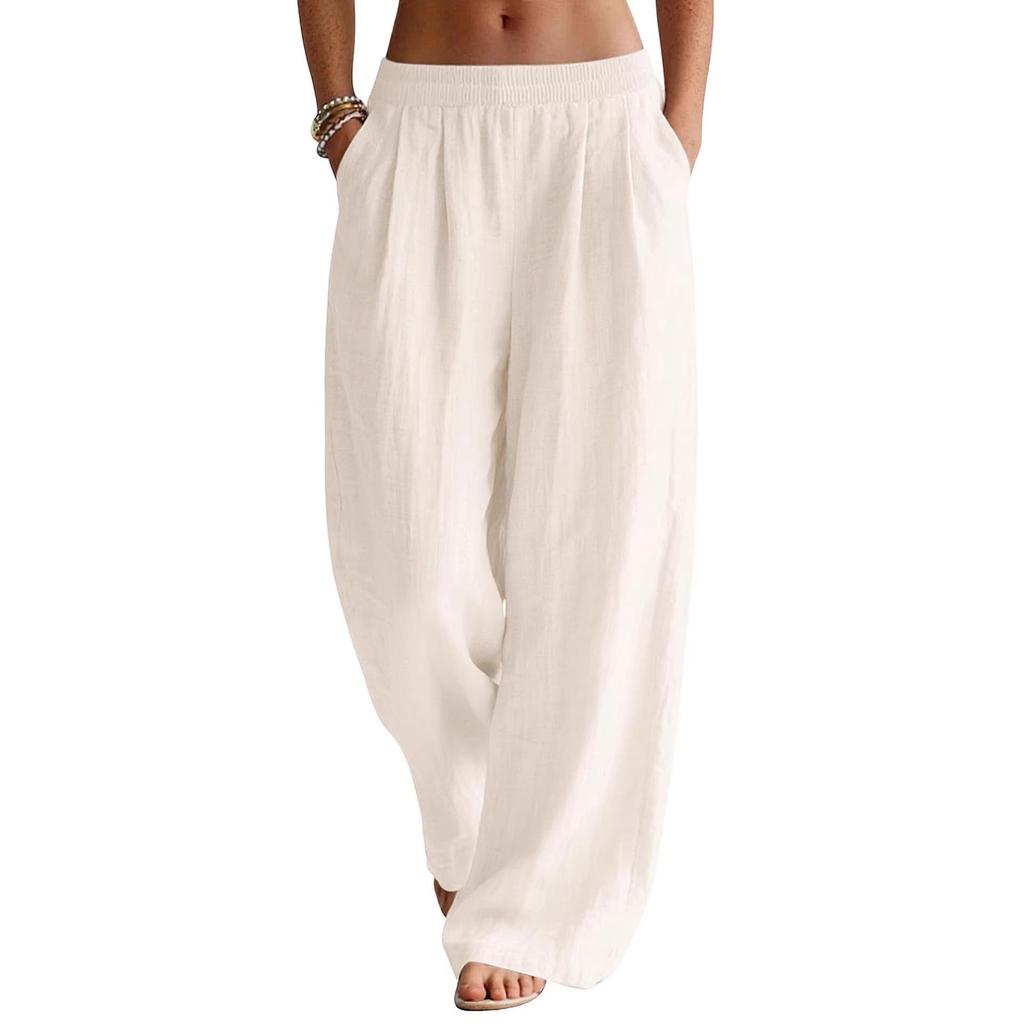Women's Flowy Linen Wide-Leg Pants - Summer Beach Travel Wear with Elastic Waist & Pockets