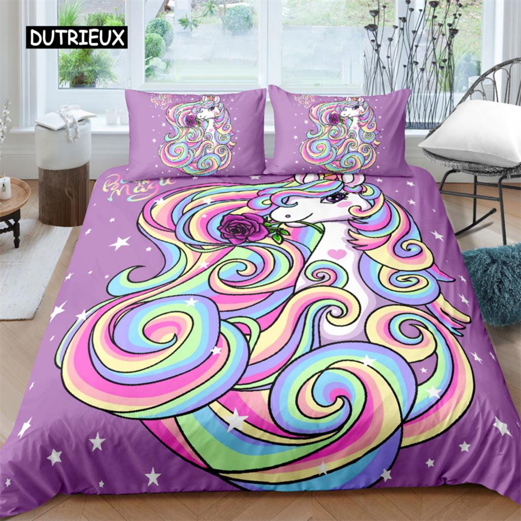 Husă de plapumă Rege Regină Unicorn Desen animat Animal Curcubeu Univers Set de lenjerie de pat pentru copii Adolescenți Cosmic Cer înstelat Poliester Husă de plapumă