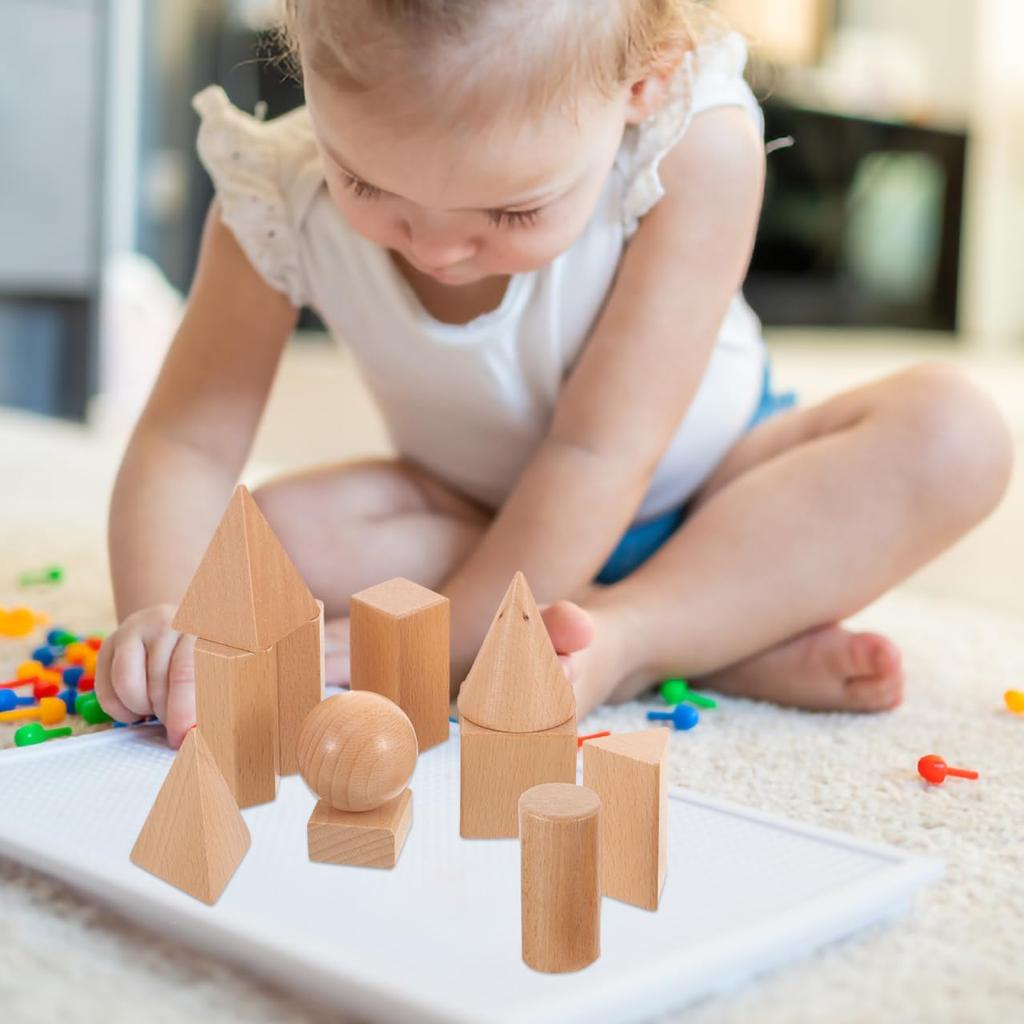 Gadpiparty Wooden Blocks, Cubes, Building Blocks, Geometry Blocks, 3D, 12 Pieces, Wooden 3D Models, Math, Oval, Pyramid, Geometric Models, Learning