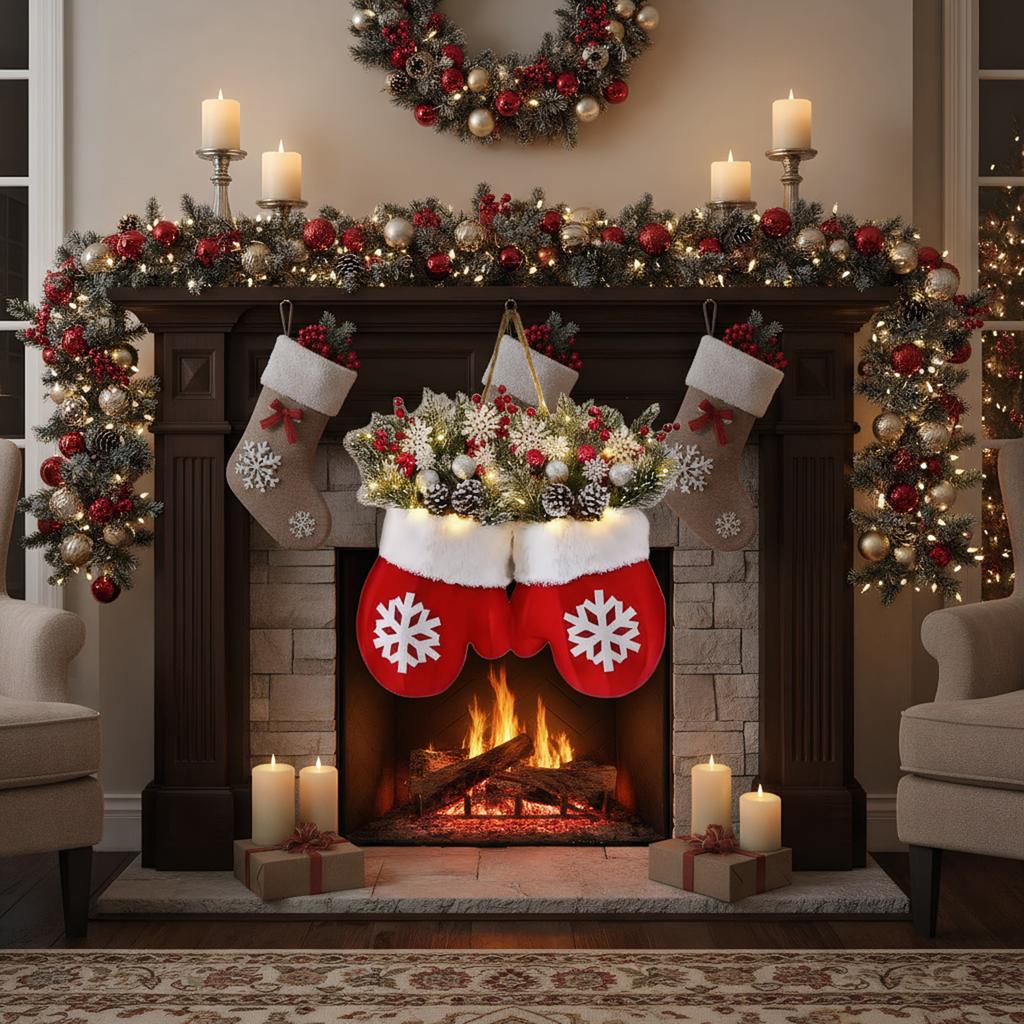 Julhandskar Dörrkrans med Ljus Dörrdekoration LED Juldekoration för Vägg Ytterdörr Fönster Öppen spis