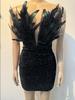 K3205 European and American Sequin Deep V Strapless Feather Bodycon Dress