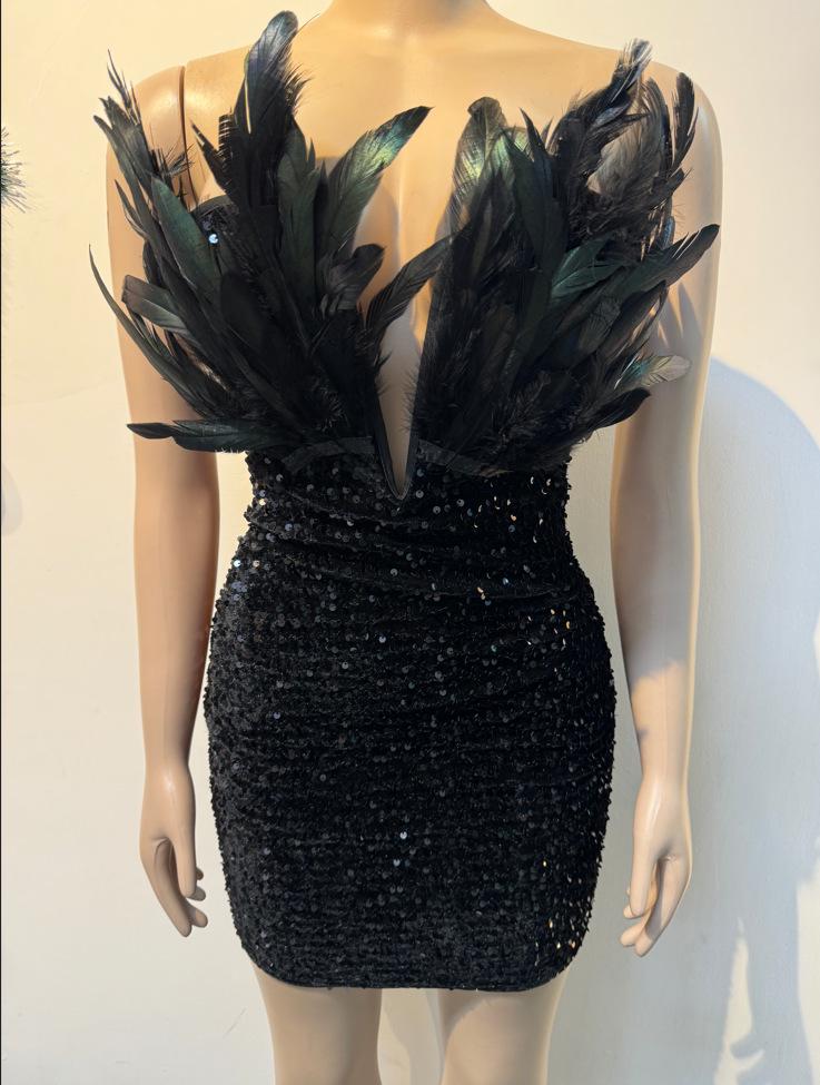 K3205 Evropské a americké flitrové šaty s hlubokým výstřihem do V bez ramínek s peřím, pouzdrové