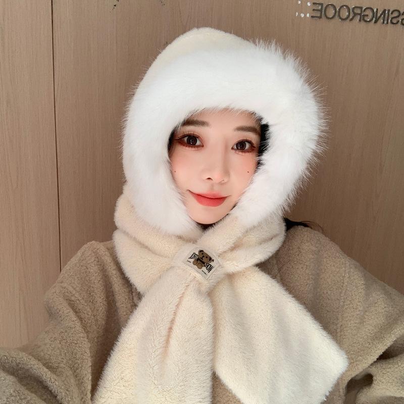 Cute Plush Hat Scarf Integrated Hat for Women In Winter Thick Windproof One Piece Hat Cold Warm Scarf Ear Protection Hat Trendy