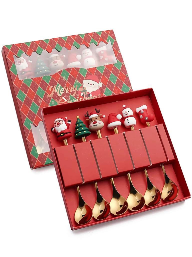Leeseph Weihnachts-Kaffeelöffel-Gabel-Set (4/6 Stück), Edelstahllöffel Gabeln Weihnachtsgeschenke für Kinder(Rot/Grünes Geschenkbox-Set)