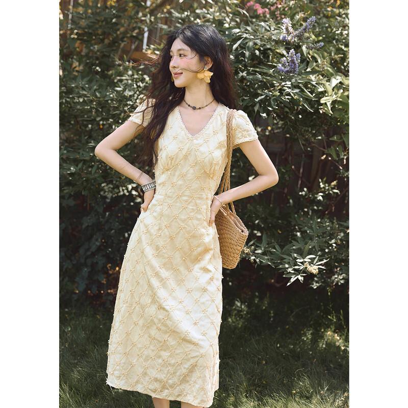 Elegant French Style Jacquard V-Neck Maxi Dress S