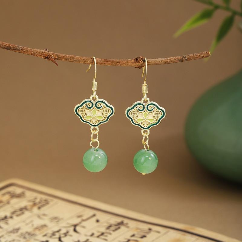 Silver NeedleEmerald Green Fan-shaped Bamboo Leaf Long Tassel Earrings Ancient-style Fresh and Sweet Ear Hooks