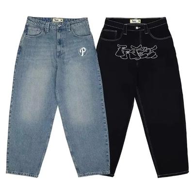 GLYDE Streetwear Y2K Hip Hop Retro Blue Loose Jeans Harajuku Jeans Men's Pants High Waist Loose Letter Embroidered Trousers