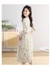 Elegant French Floral Print Puff Sleeve Dress: Spring & Autumn Waist-Cinching Long Skirt
