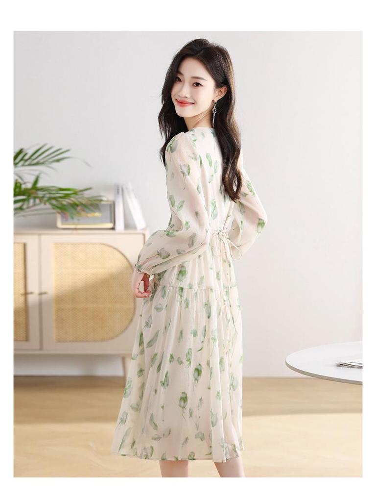 Elegant French Floral Print Puff Sleeve Dress: Spring & Autumn Waist-Cinching Long Skirt