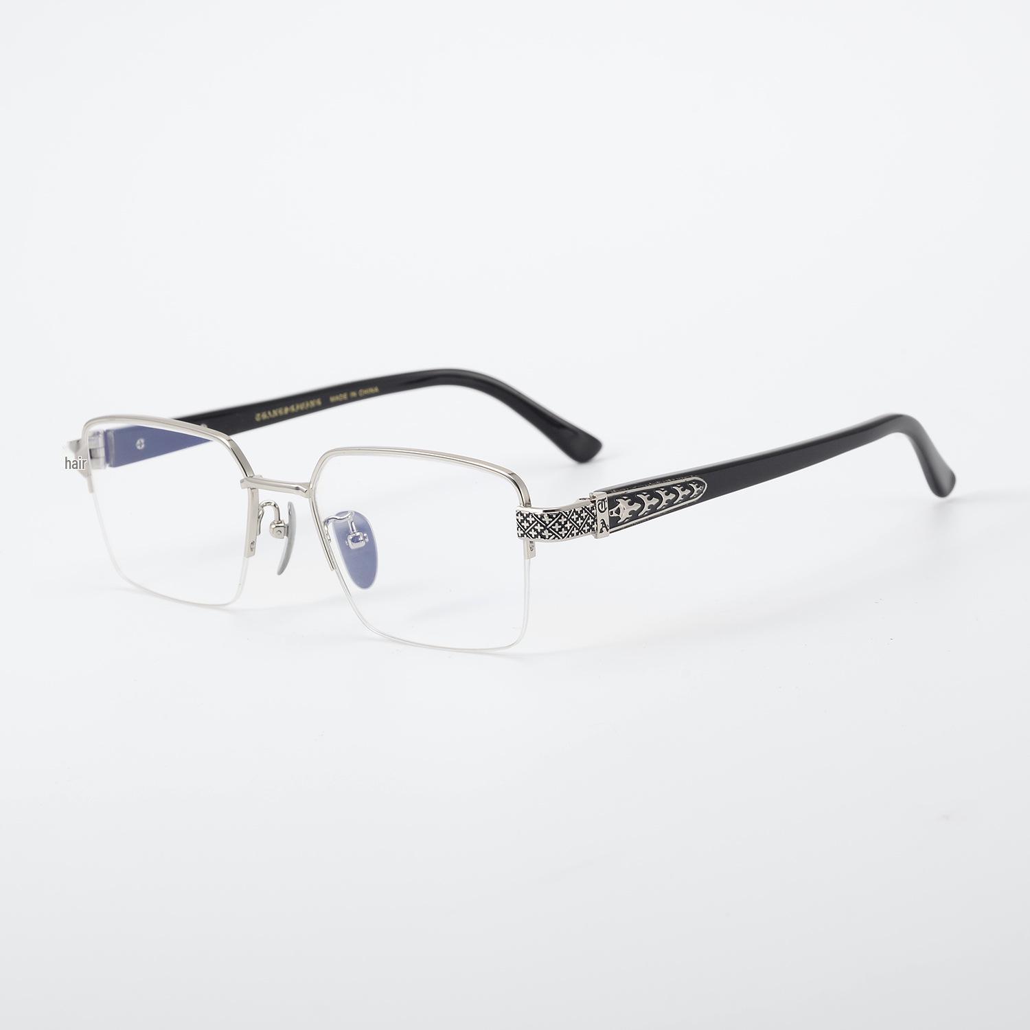 

Мужские деловые рецептурные очки с полуободковой оправой из чистого титана - Оправа роговой формы, снижающая усталость, для большого лица WY2265 Clear Lens серебряный