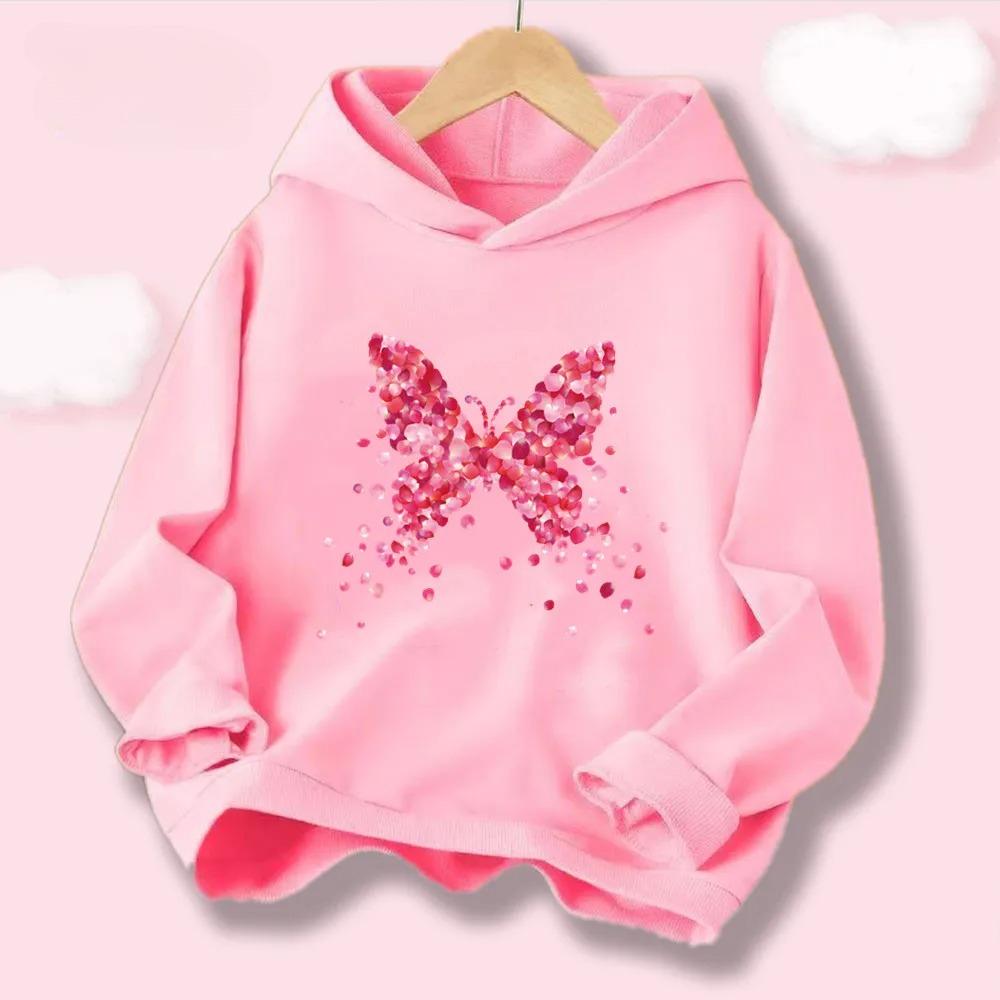 New Fashionable Pink Petal Butterfly Hoodies for Girls Spring Autumn Hooded Sweatshirt, Soft Cotton Children's Top HDHB1