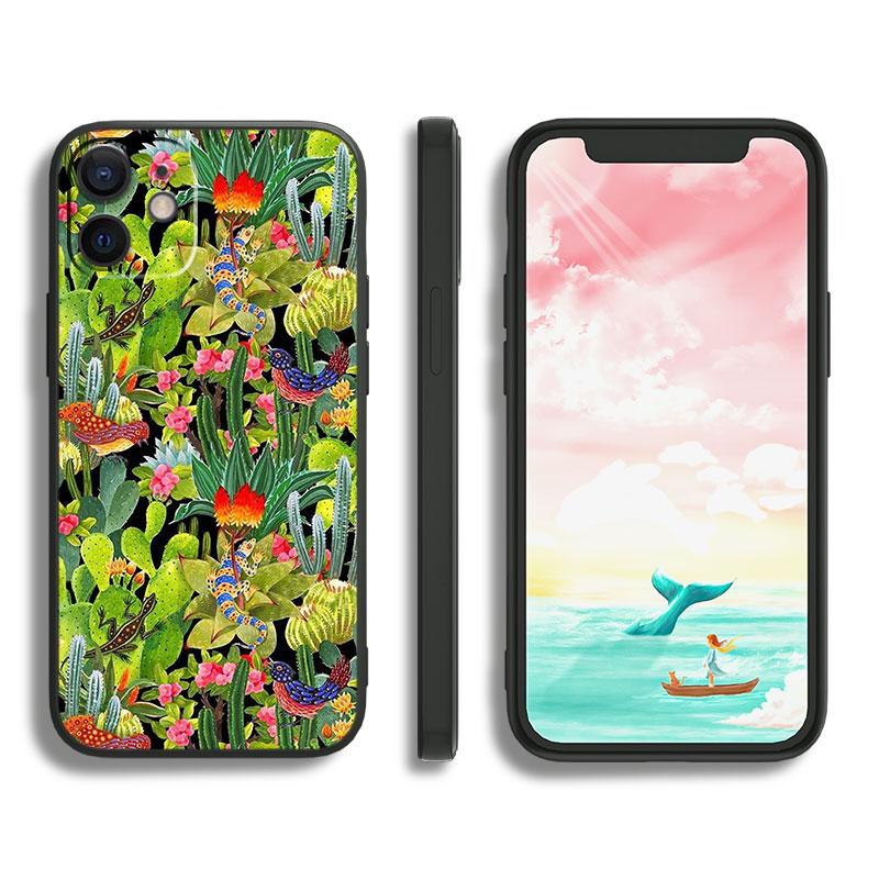 Bunte Blumenblätter für Apple iPhone 11 12 13 Max Mini 7 8 X XR XS Pro Plus Schwarze Luxus-Silikon-Softphone-Hülle