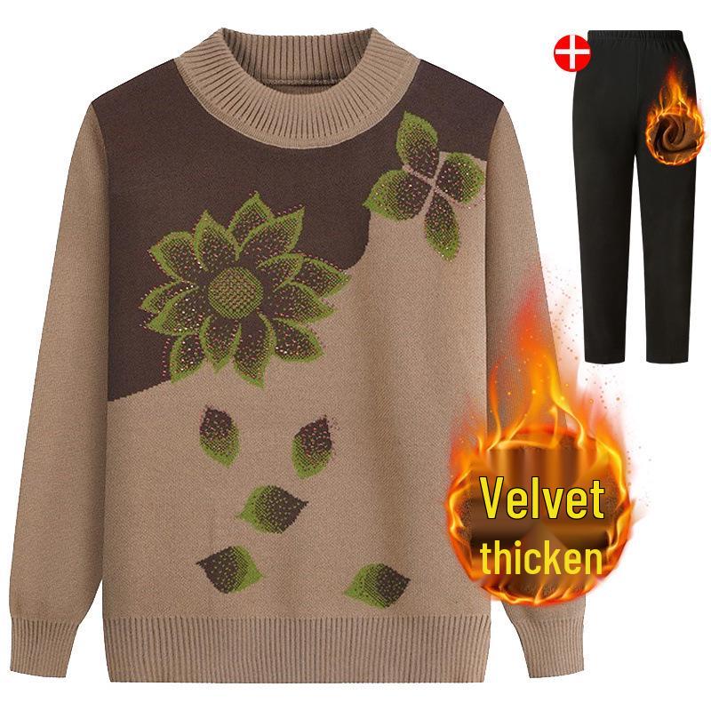 Plus Size Knitted Sweater for Women: Thickened Velvet Autumn and Winter Coat for Middle-Aged & Elderly