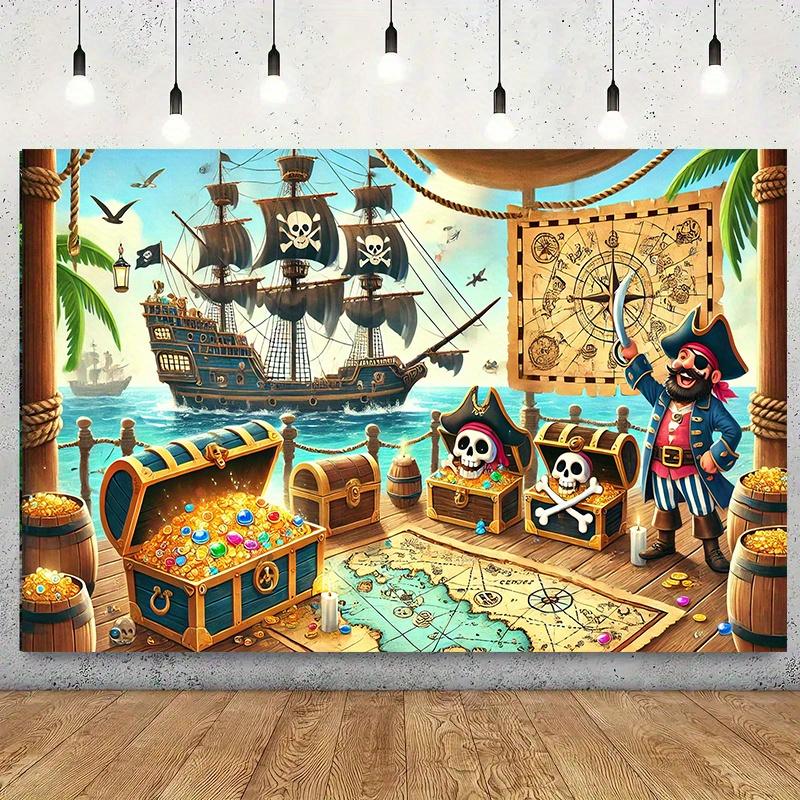 1 stk Piratskattefest Baggrundsklud, polyester, med tegneseriepirater, sejlbåde og skatte - boligdekoration