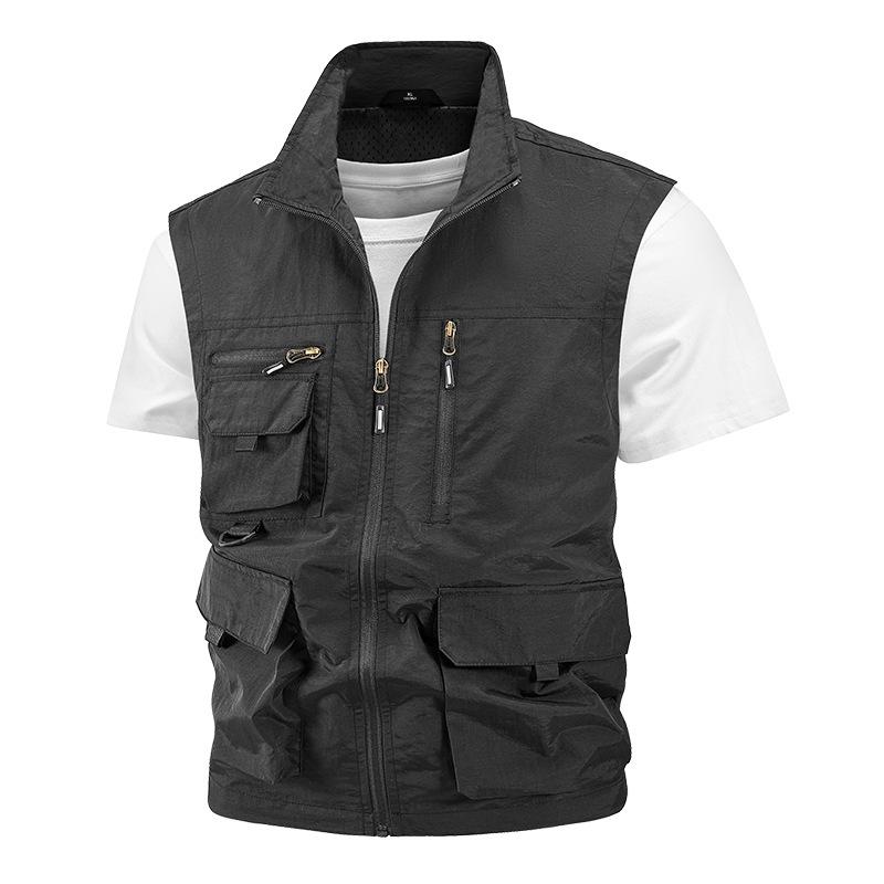 Men's Waterproof Quick-Dry Multi-Pocket Outdoor Photography Vest with Breathable Stand-Up Collar