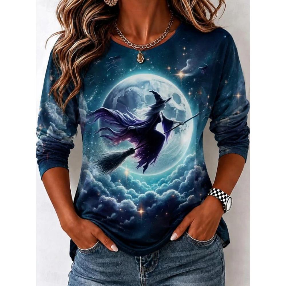 Tops for Women Halloween Print Round Neck Long Sleeve T-shirt Fall Casual Slim Pullover Women's Long Sleeve Top
