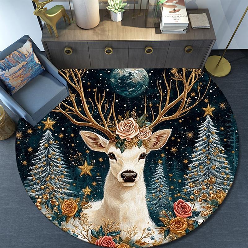 Winter Deer Round Area Rug,Carpet Rug for Living Room Bedroom Sofa Playroom Decor,Non-slip Floor Mat