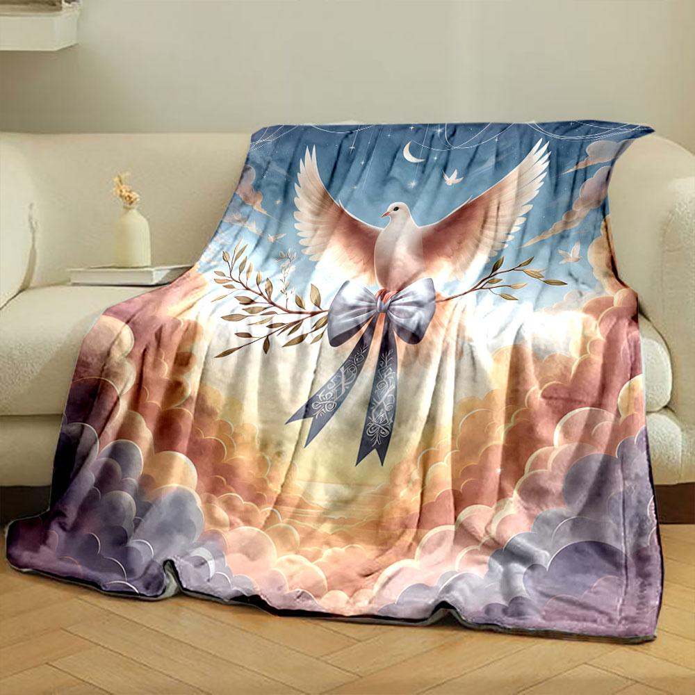 A Dove Carrying an Olive Branch with a Blue Ribbon In a Dreamy Sky. for All Seasons Blanket Lunch Break Throw Gift