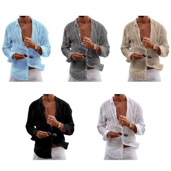 Men Lapel Long Sleeve Shirt Tops Pleated Thin Solid Color Single Breasted V-neck