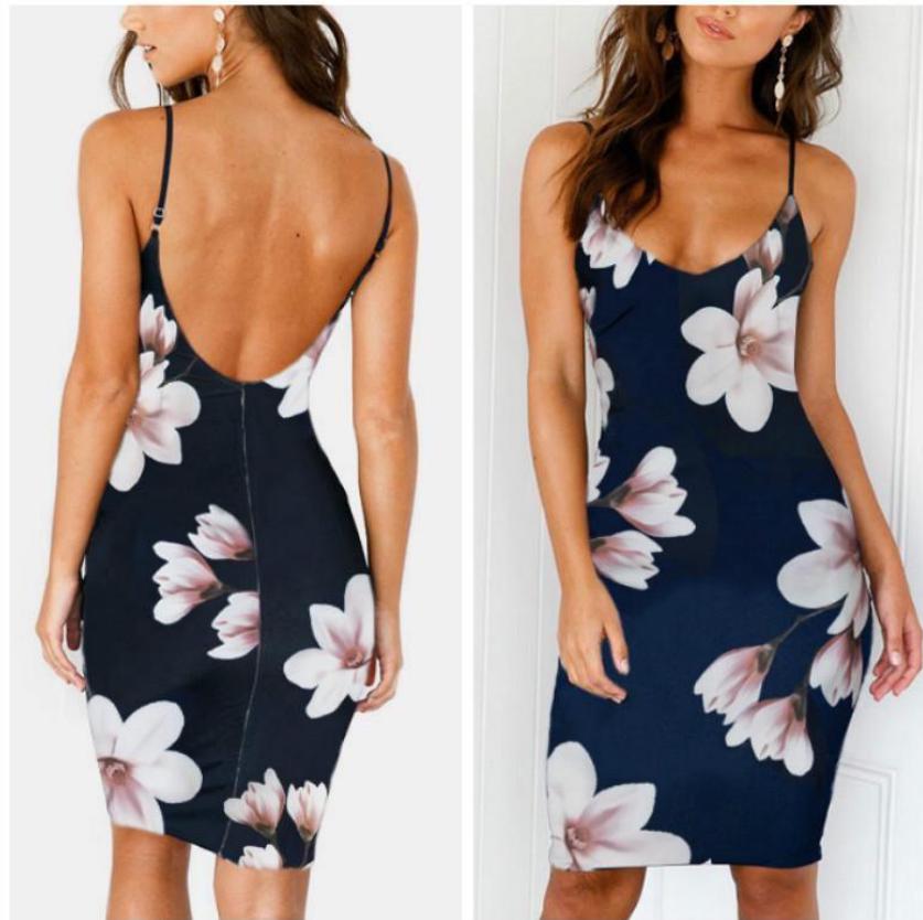 Fashion Summer Floral Dress Women Sexy Print Dress Backless Bodycon Slip Dress