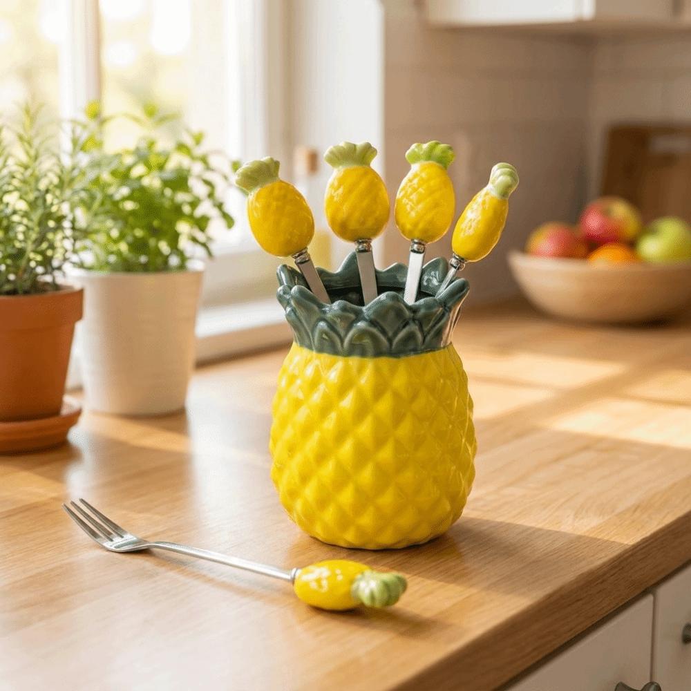 Exquisite Keramik-Vorratsdose Ananasförmig Obstgabel-Set Stäbchenhalter Büro
