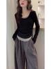Stylish Patchwork Long-Sleeve Slim T-Shirt for Women, Spring/Autumn