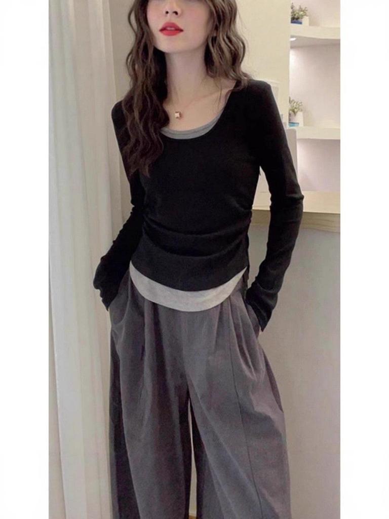 Stylish Patchwork Long-Sleeve Slim T-Shirt for Women, Spring/Autumn